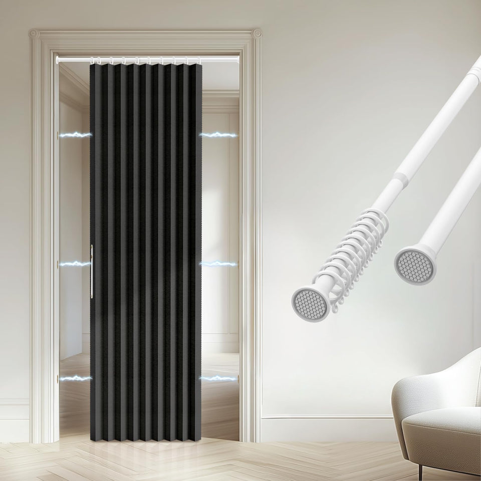 Gonnrly accordion door curtain with rod installed on a doorway for privacy.