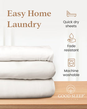 Good Sleep Bedding bed-making tag close-up illustrating easy orientation for quick bed setup.