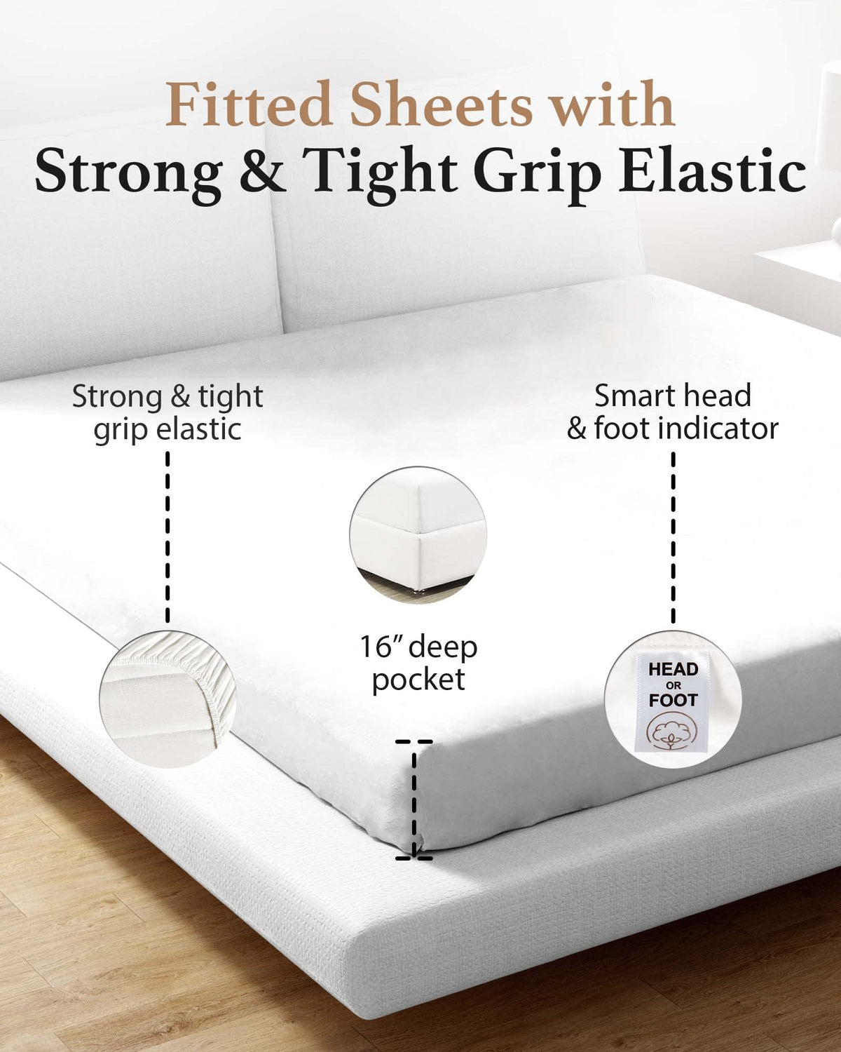 Good Sleep Bedding fitted sheet on bed with elastic edge illustrating stay-in-place design.