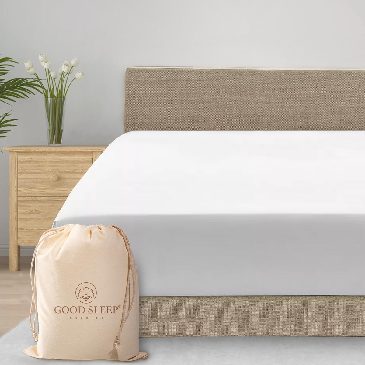 Good Sleep Bedding queen fitted sheet close-up texture highlighting silky softness for luxurious sleep.