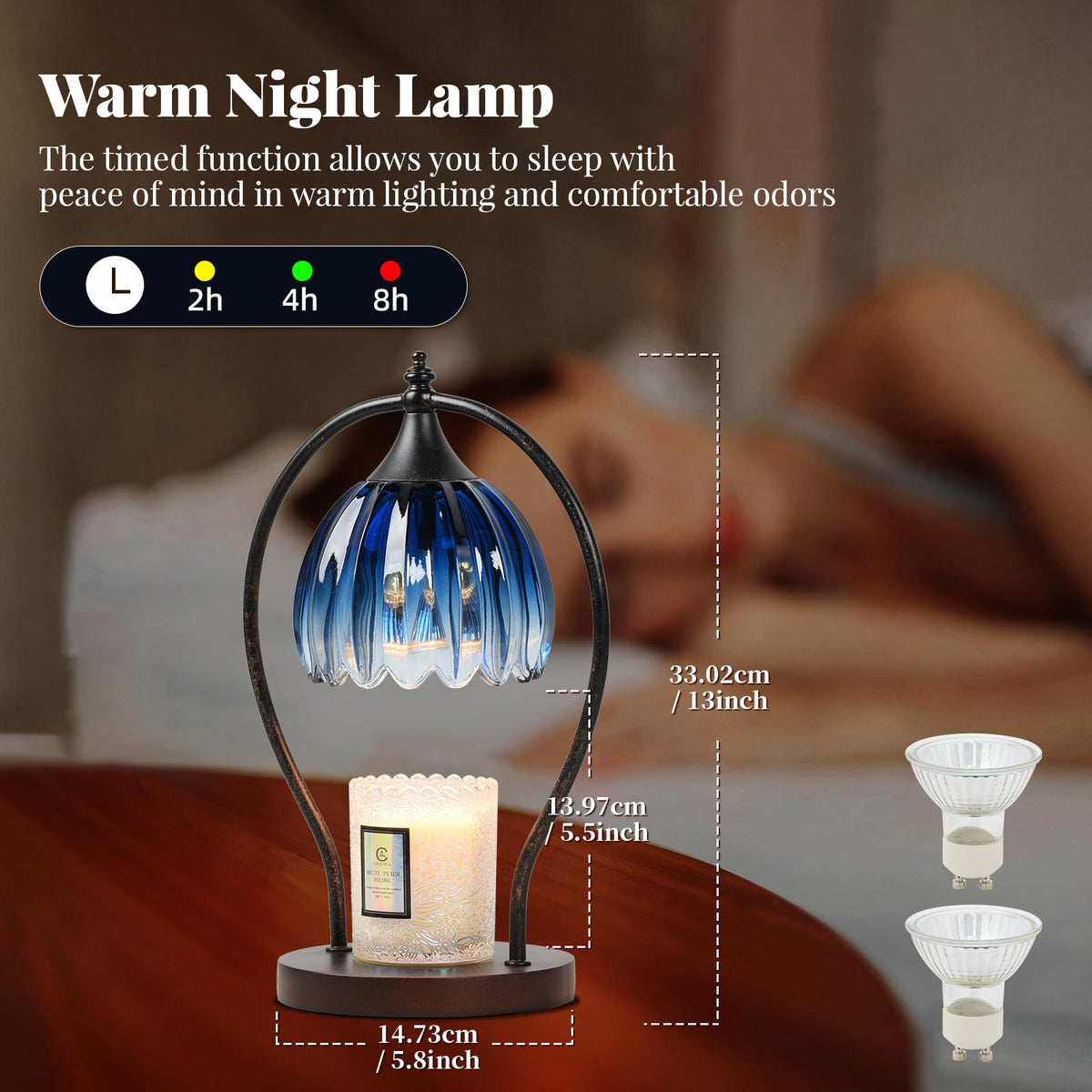 GOODBUY Candle Warmer Lamp candle-size compatibility image shows support for jar and pillar candles.