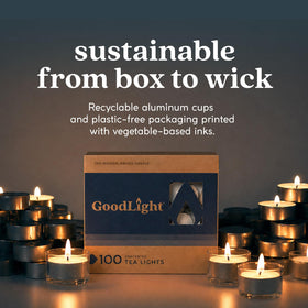 GoodLight tea light plant-based wax highlights sustainability