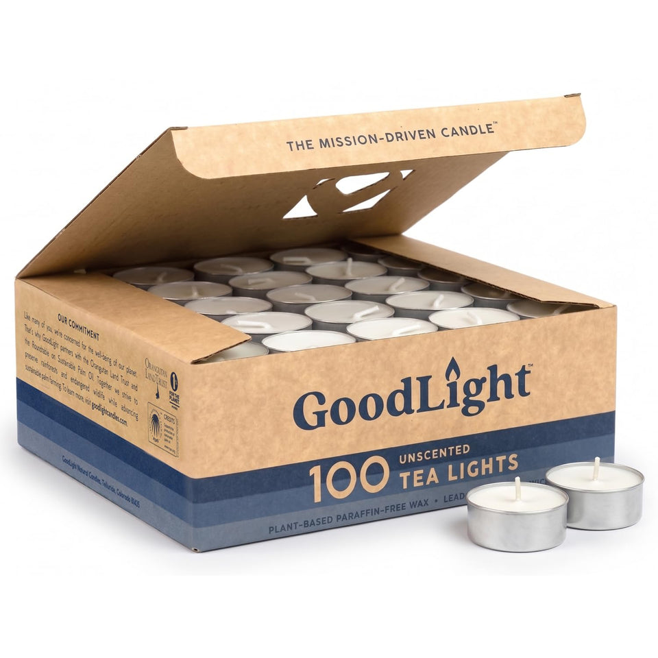 GoodLight unscented tea light packaging highlights eco-friendly materials