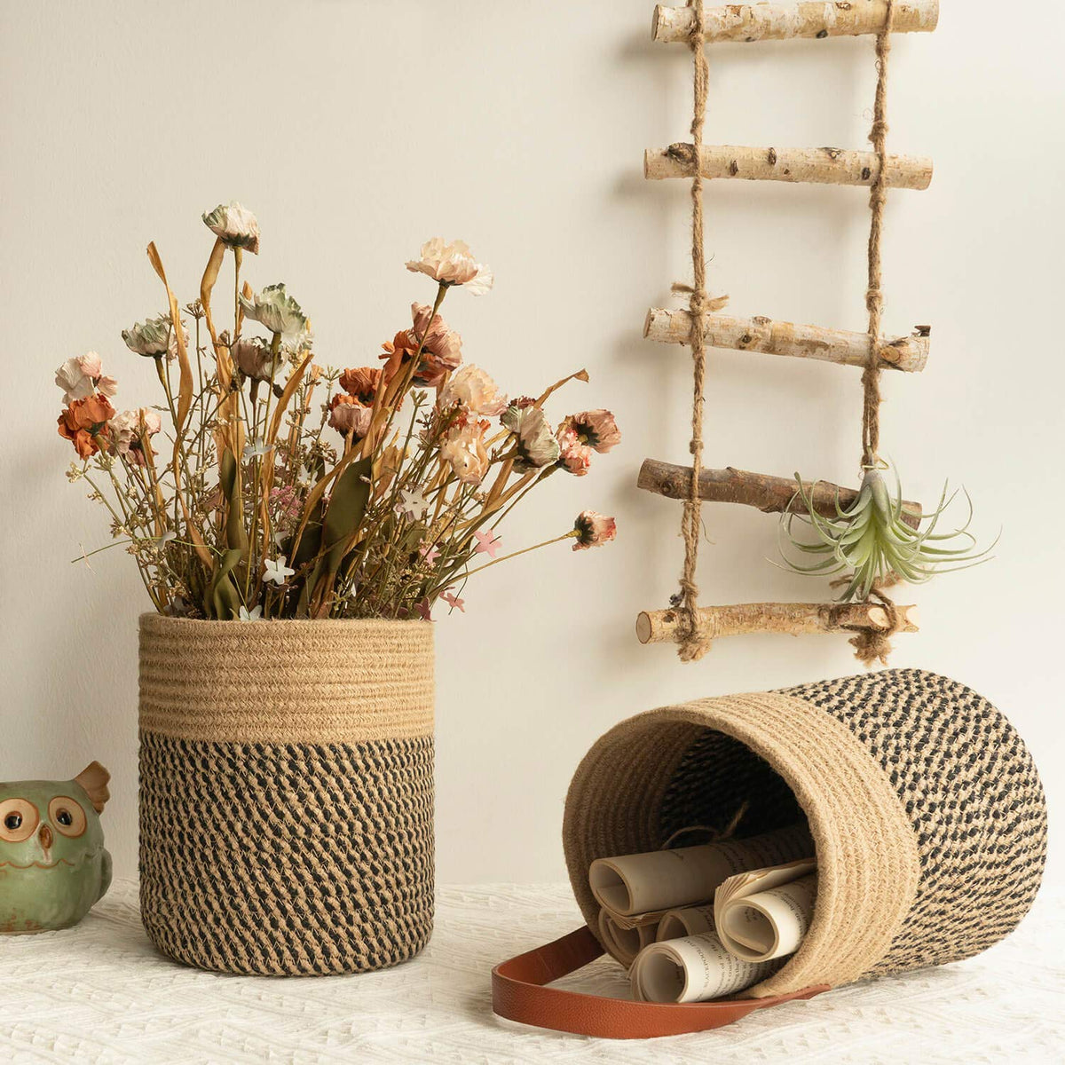 Goodpick jute rope basket with leather handle adds modern wall storage