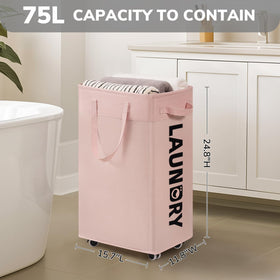 Goodpick pink 75L collapsible laundry basket, side view, ample capacity for bulky clothes.
