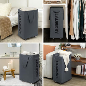Goodpick hamper shown in corner dorm setup for space-efficient laundry.