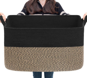 Goodpick large blanket basket front view showing sturdy cotton rope for organization