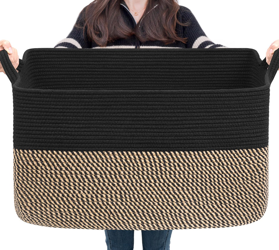 Goodpick large blanket basket front view showing sturdy cotton rope for organization