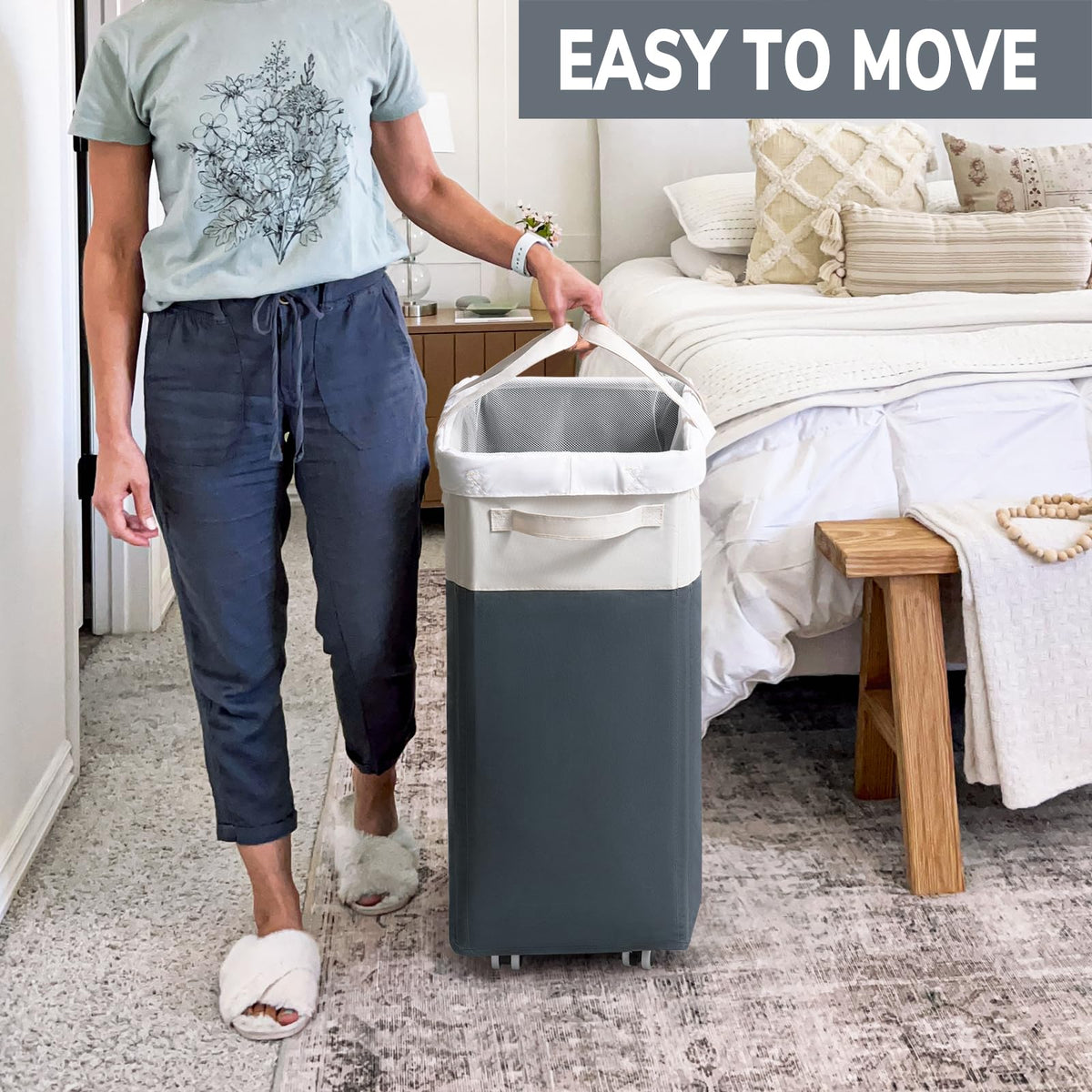 Goodpick dorm room setup with laundry basket on wheels.