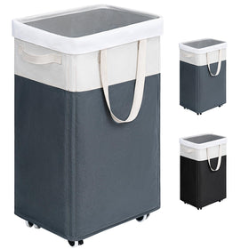 Goodpick laundry basket on wheels, front view, easy transport for dorm rooms.