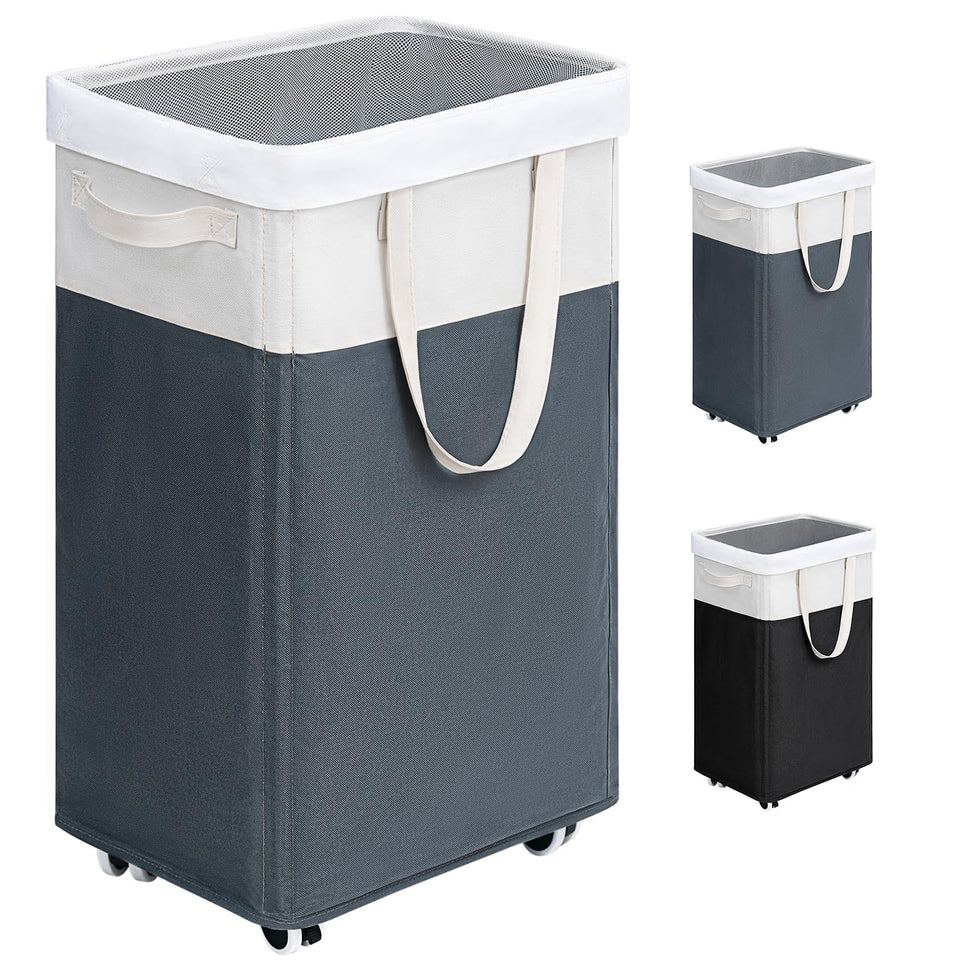 Goodpick laundry basket on wheels, front view, easy transport for dorm rooms.