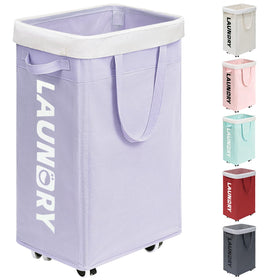 Goodpick Laundry Basket with wheels, front view, highlights easy mobility for laundry days.