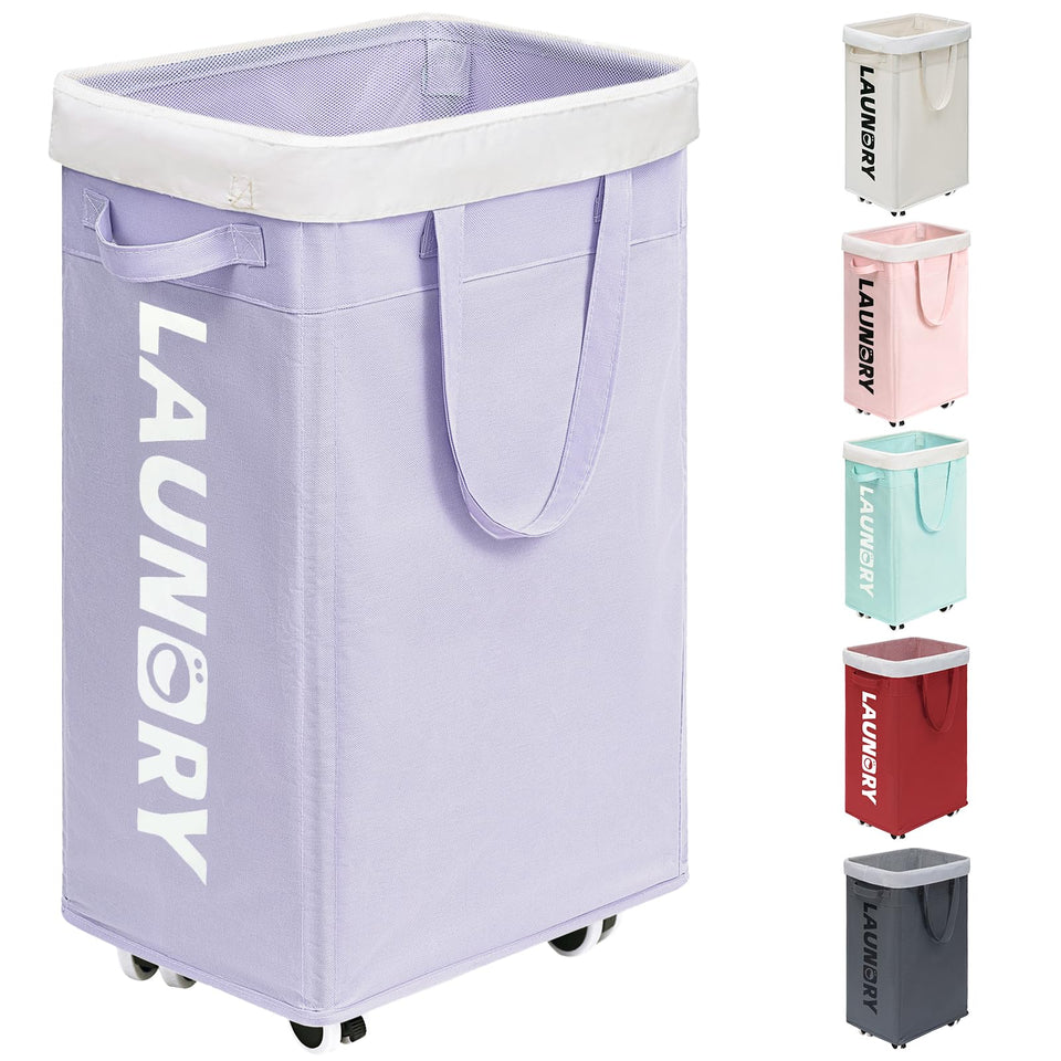 Goodpick Laundry Basket with wheels, front view, highlights easy mobility for laundry days.