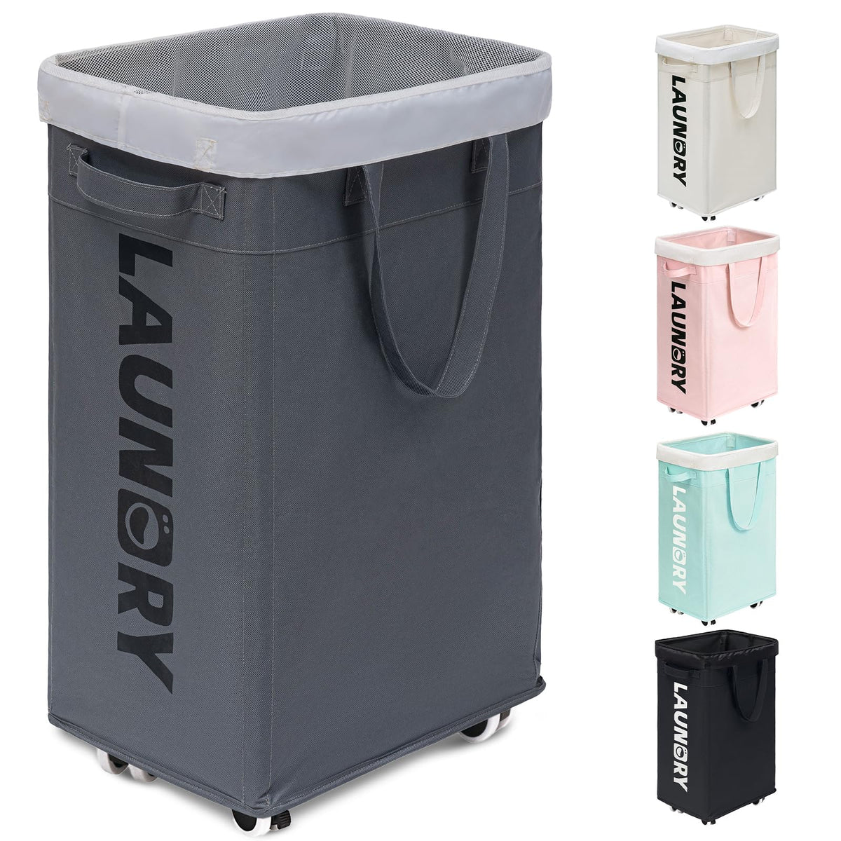 Goodpick laundry basket with wheels in full view showing sturdy frame for easy transport