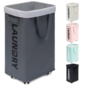 Goodpick laundry basket with wheels in full view showing sturdy frame for easy transport