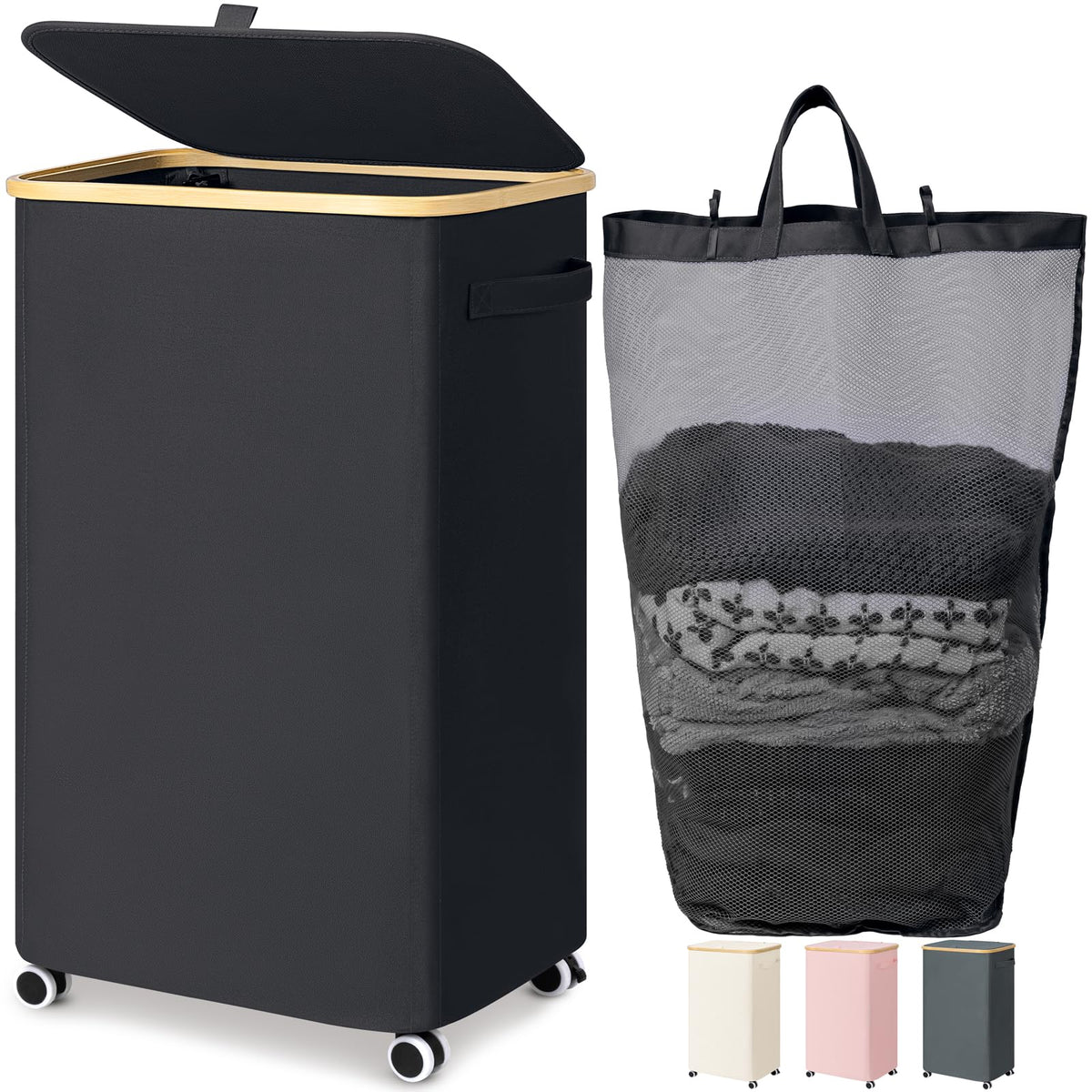 Goodpick laundry basket with wheels rolling on hardwood floor for easy transport.