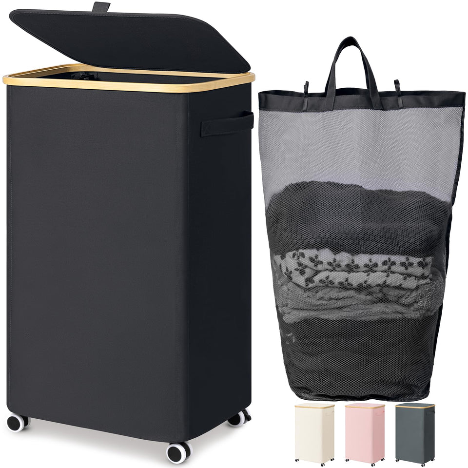 Goodpick laundry basket with wheels rolling on hardwood floor for easy transport.