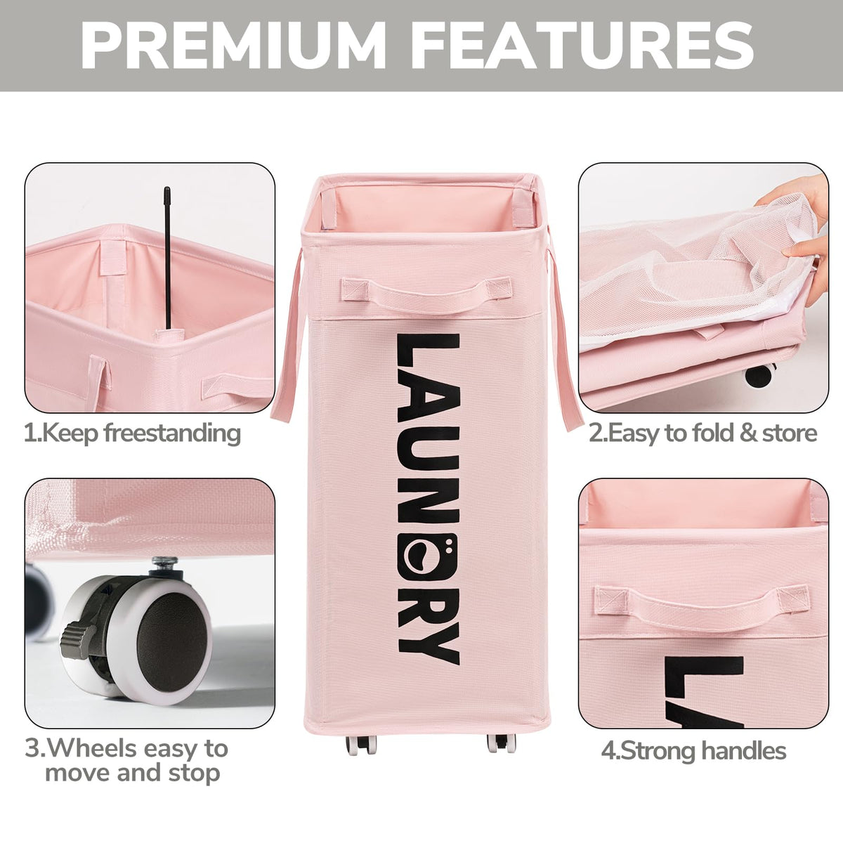 Goodpick pink laundry hamper with handle, front view, easy lifting between rooms.