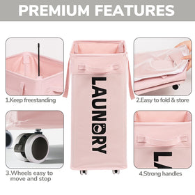 Goodpick pink laundry hamper with handle, front view, easy lifting between rooms.