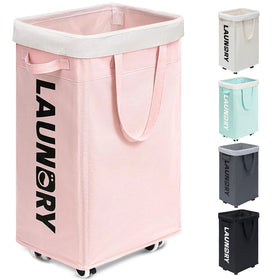 Goodpick pink laundry basket with wheels, top view, easy rolling transport for dorm chores.