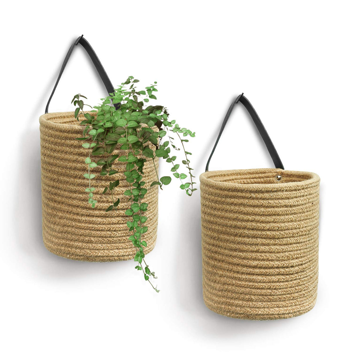 Goodpick 2pack jute hanging basket with small ferns for wall decor and plant storage.