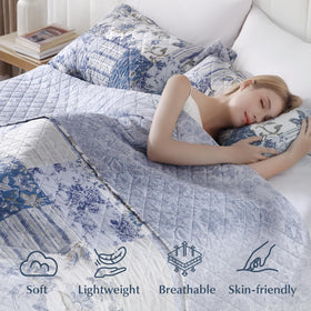 GOONE XL King Quilt Set reverses from blue floral to boho blue floral for versatile styling.