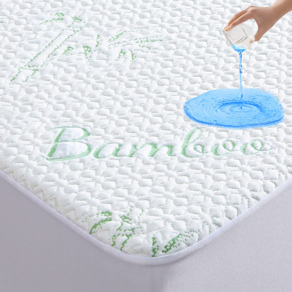 GOONIK Queen Mattress Protector highlights breathable bamboo viscose for cooler sleep.