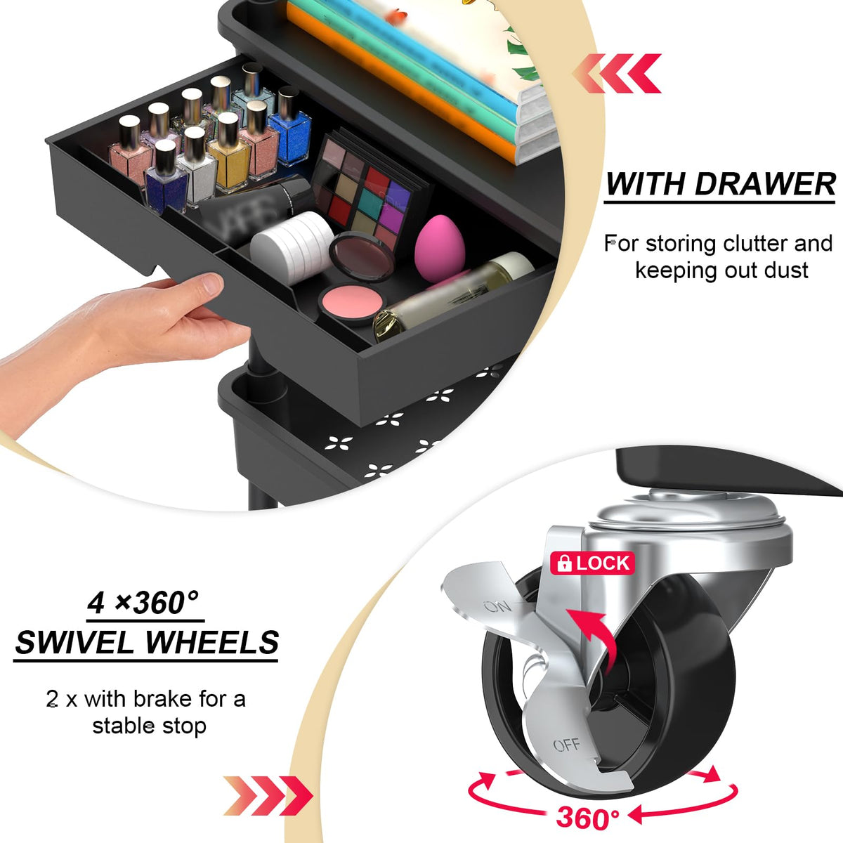 Goovilla rolling cart with 360-degree swivel wheels for smooth maneuvering