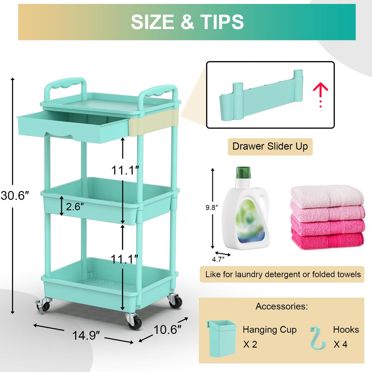 Goovilla cart includes 2 cups and 4 hooks for organization