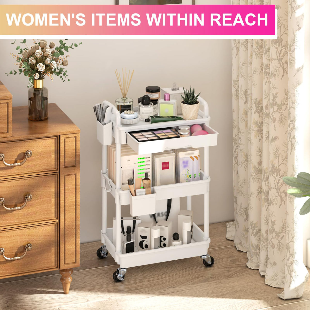 Cart includes 2 cups and 4 hooks for quick organization
