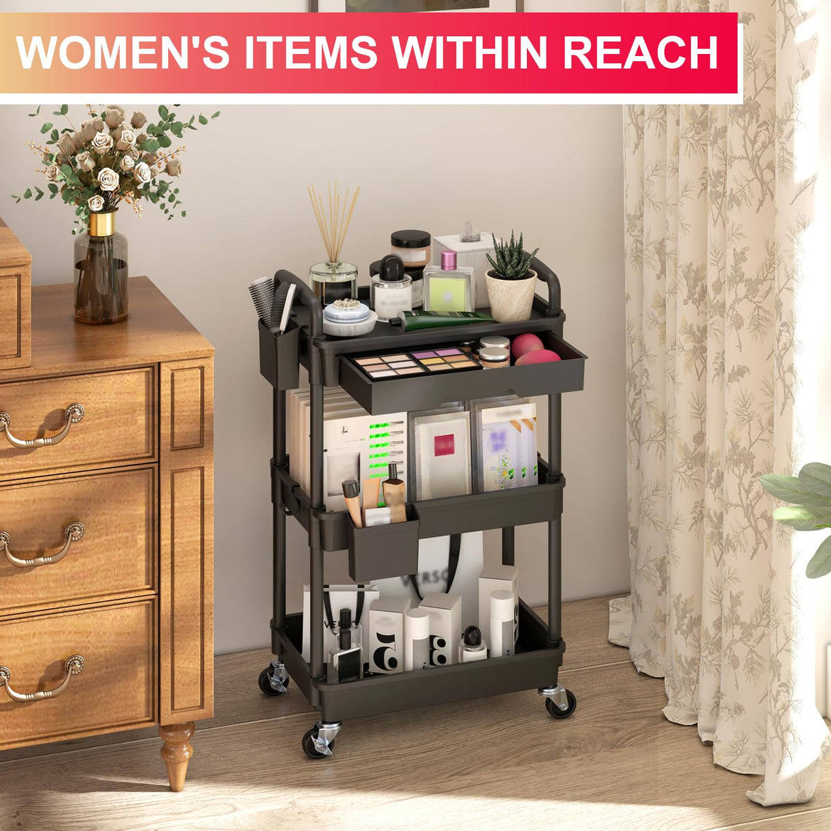 Goovilla cart includes two cups and four hooks for organized storage
