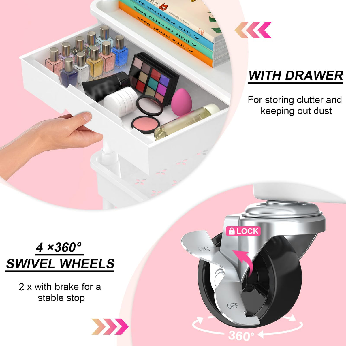 Goovilla cart showing 360° swivel wheels and lockable casters