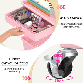 Goovilla pink cart shown with 360-degree swivel wheels and lockable casters.