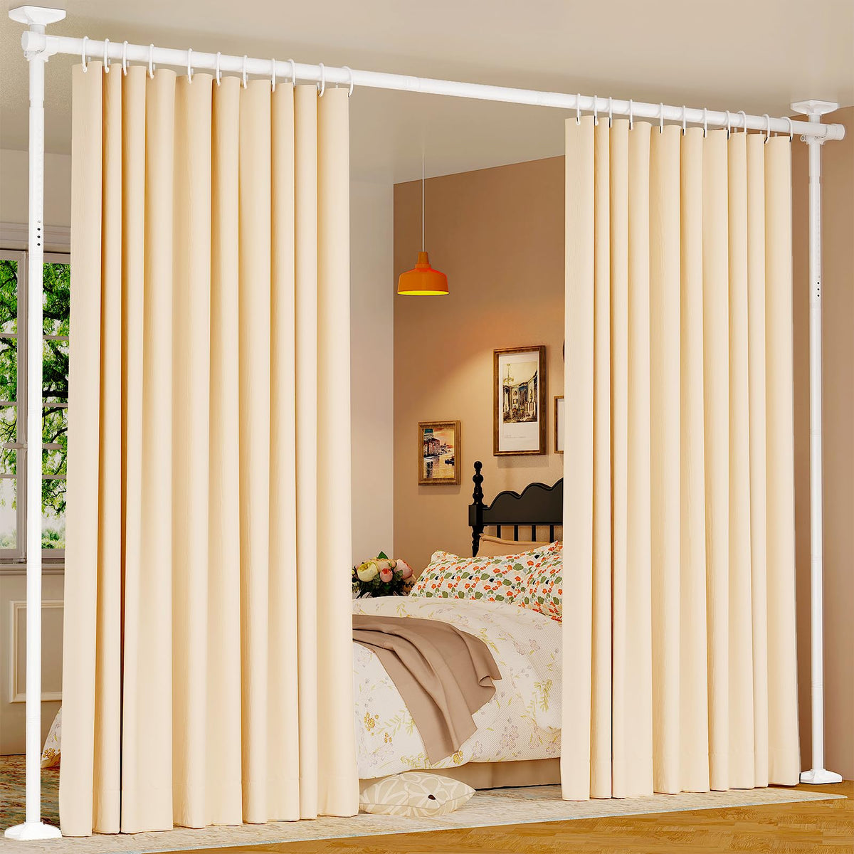 Goovilla room divider using floor-to-ceiling tension for quick privacy.