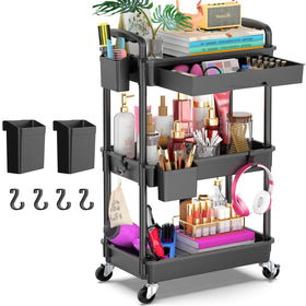 Goovilla three-tier cart with a removable top drawer for easy cleaning and extra storage