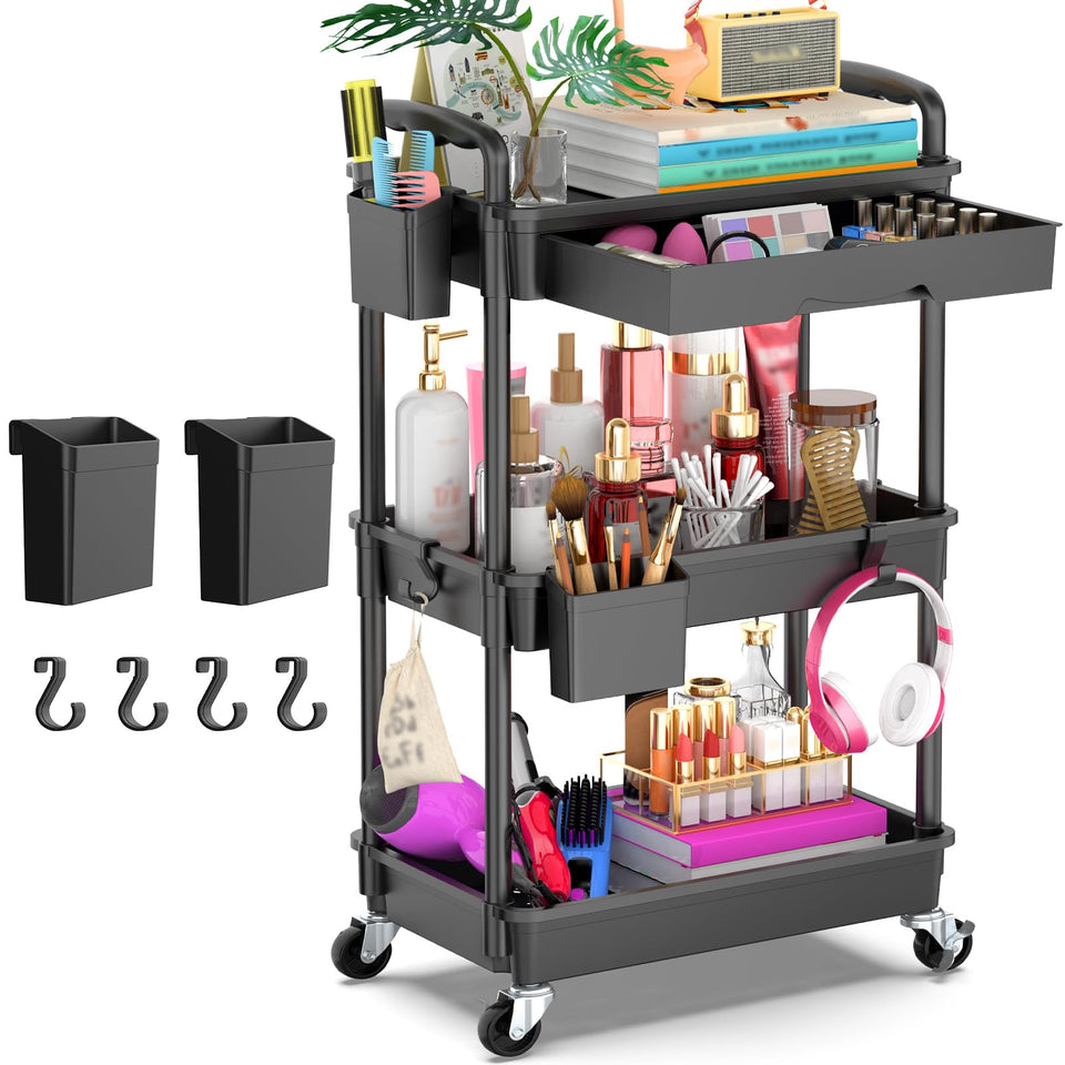 Goovilla three-tier cart with a removable top drawer for easy cleaning and extra storage