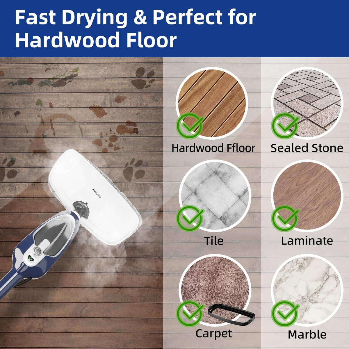 GorFanty steam mop 23ft cord for extended reach across rooms