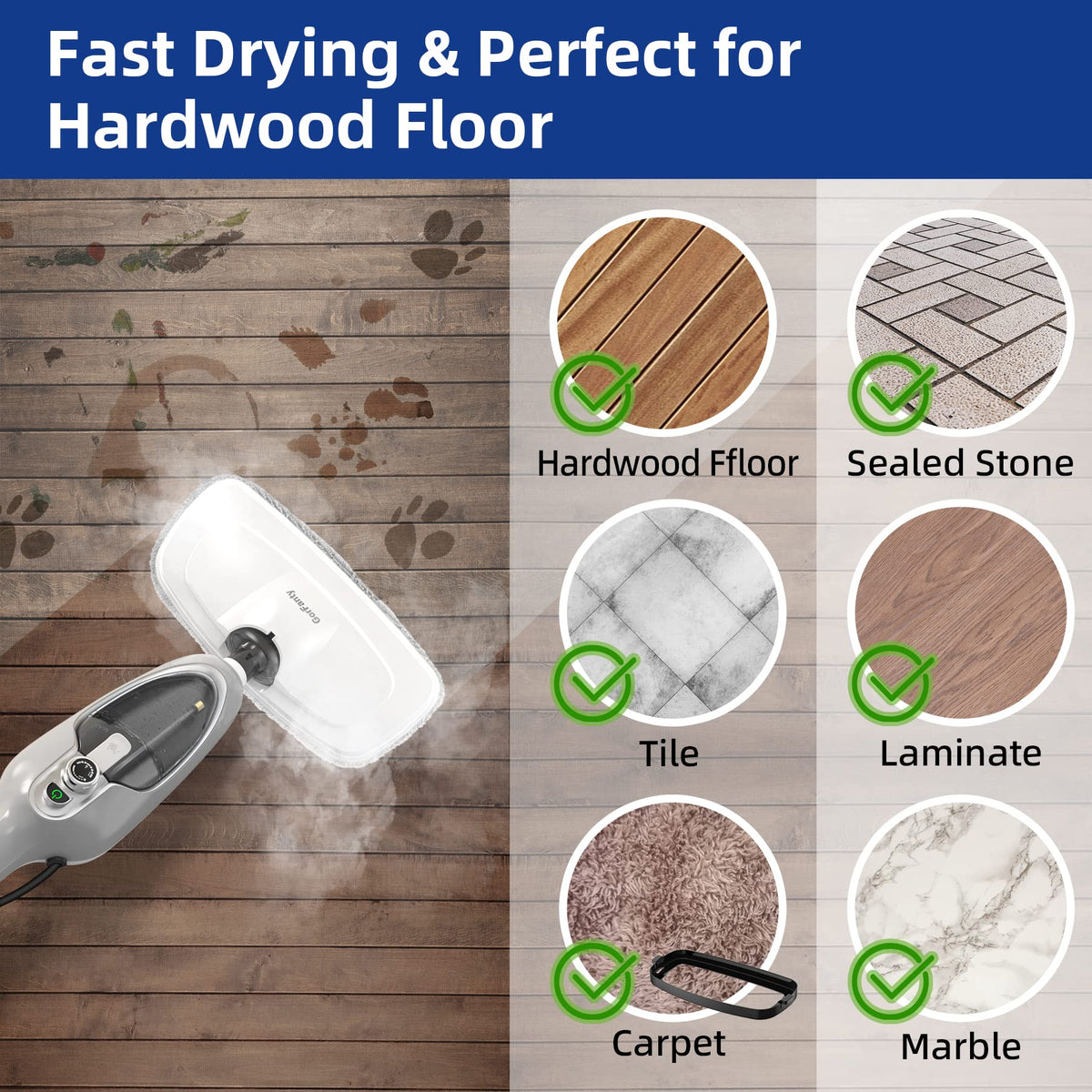 GorFanty steam mop with cord storage for tangle-free power management.