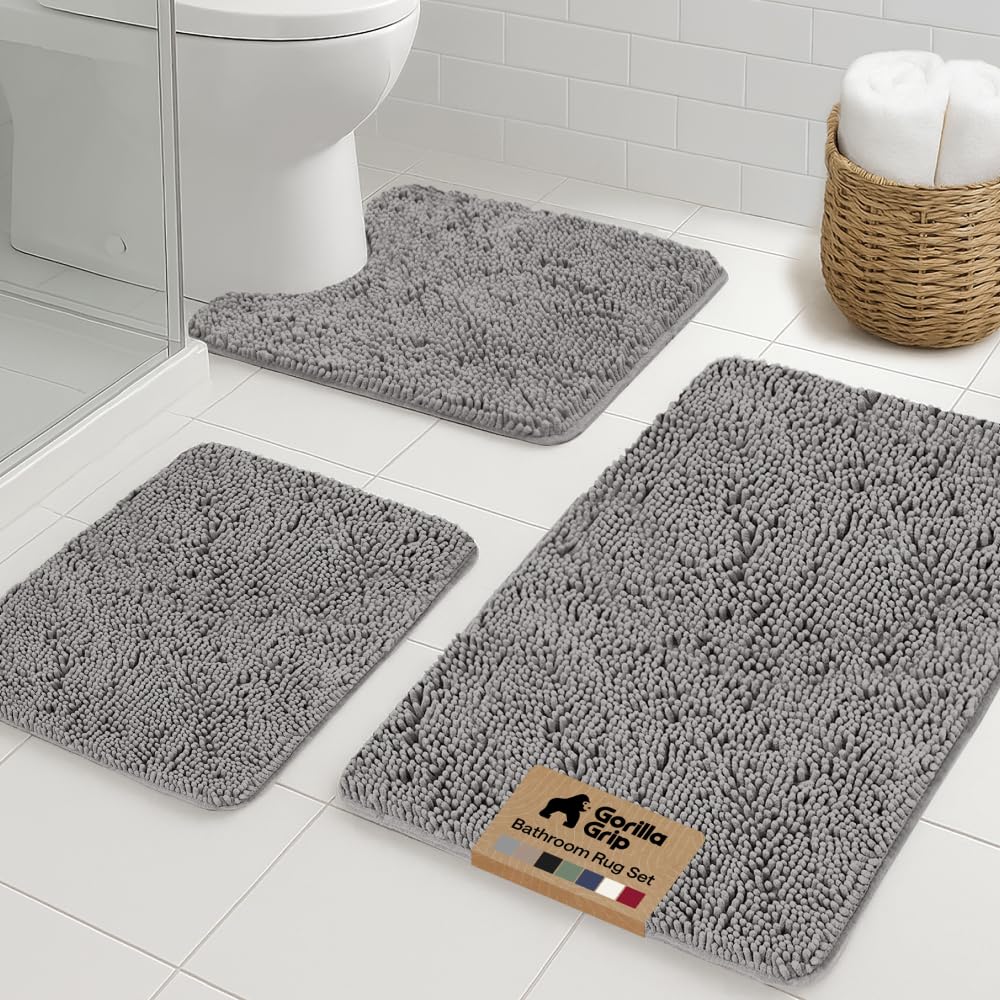 Gorilla Grip grey area rug set with contour rug around toilet base for a warm, cozy bathroom feel