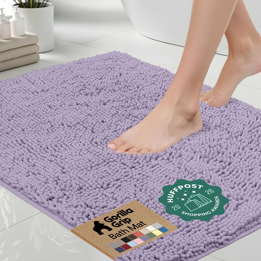 Gorilla Grip bath rug 36x24, top view, plush light purple chenille for cozy feet