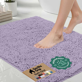 Gorilla Grip bath rug 36x24, top view, plush light purple chenille for cozy feet