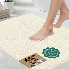 Gorilla Grip bath rug mat ivory cream shows plush chenille for warm, stepping-out comfort