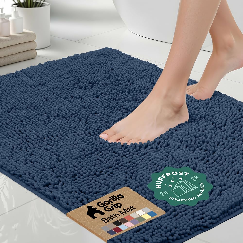Gorilla Grip bath rug mat 36x24 in navy with soft chenille for cozy feet.