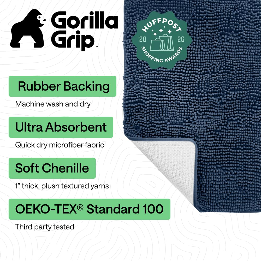 Gorilla Grip navy chenille bath rug emphasizes ultra-absorbent design for moisture control