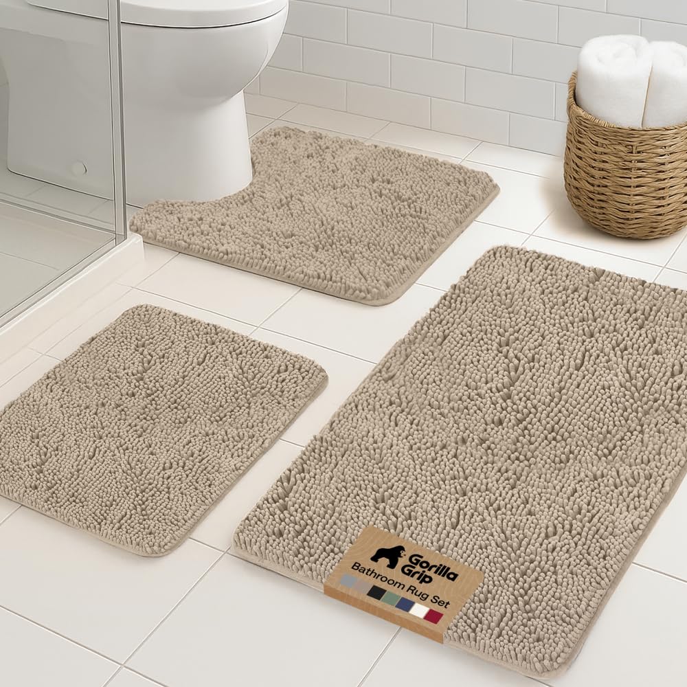 Gorilla Grip bath rug set contour base hugs the toilet area for clean, dry floors.