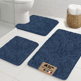 Gorilla Grip contour rug around oval toilet base for a clean, cohesive bathroom look.