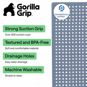GORILLA GRIP bath mat showing drain holes for quick water drainage.