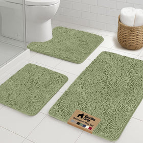 GORILLA GRIP oval-base contour rug surrounds the toilet with plush absorbent chenille.
