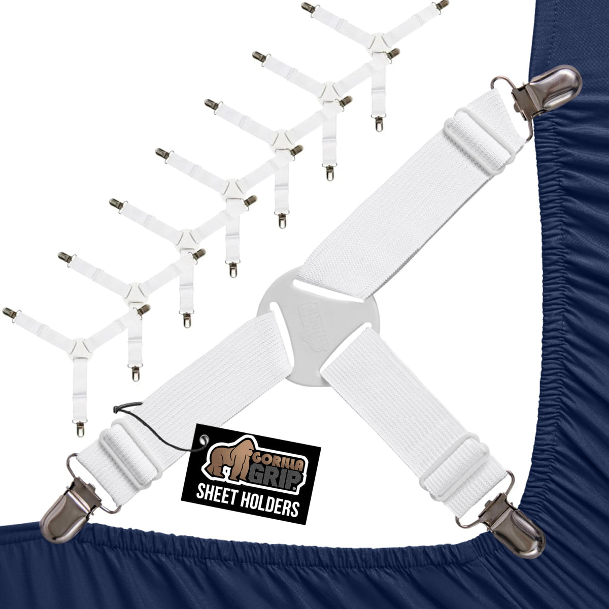 Gorilla Grip bed sheet holders with metal clips keep fitted sheets in place.