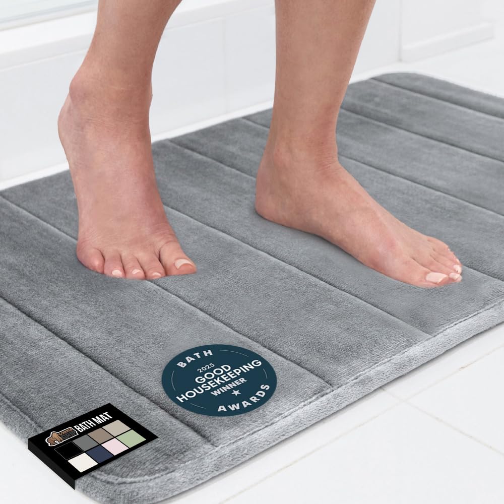 GORILLA GRIP Memory Foam Bath Mat top view shows plush cushioning in graphite gray for comfort